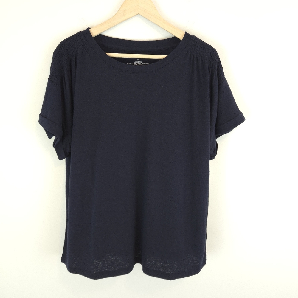 Talbots Women's Linen Blend Navy Smocked Shoulder Crewneck Tee